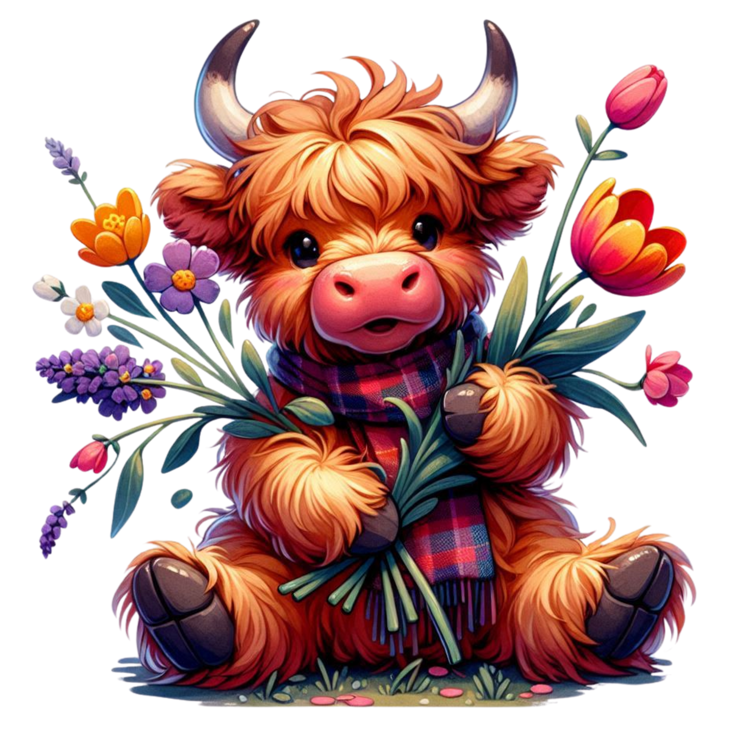 Highland Cow Holding Flowers, Free