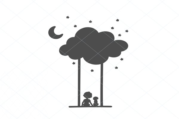 Boy and puppy on a swing, moon cloud SVG EPS PNG Digital File Clipart Instant Download Stencil Silhouette Full Body Cat Stencil 1213