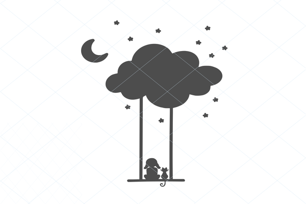 Girl and kitten on a swing, moon cloud SVG EPS PNG Digital File Clipart Instant Download Stencil Silhouette Full Body Cat Stencil 1214
