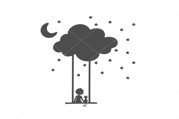 Boy and kitten on a swing, moon cloud SVG EPS PNG Digital File Clipart Instant Download Stencil Silhouette Full Body Cat Stencil 1215