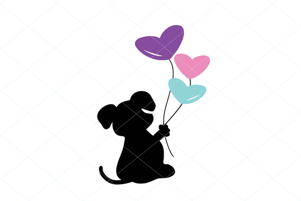 Puppy holding balloons, puppy svg, dog svg, pet cut file, dog vector, heart balloons svg, paw svg, paw cut file, puppy silhouette 1234