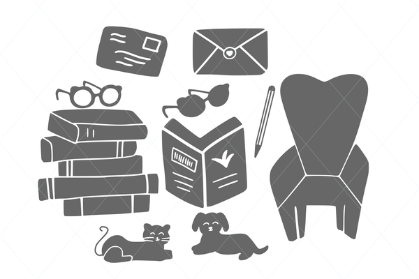 Reading svg, booklover, bookworm, reading book, cat svg, puppy svg, vintage chair svg, clipart sticker stencil decal sticker transfer 1246