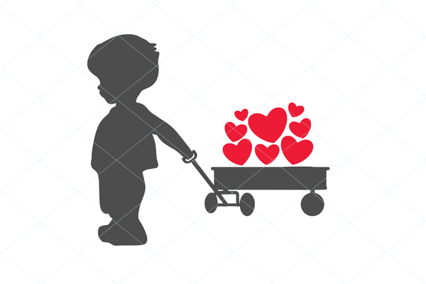 Boy pulling cart of hearts, valentines svg, cute vintage boy svg, valentines silhouette, valentine clipart, valentines clip art decal 1266