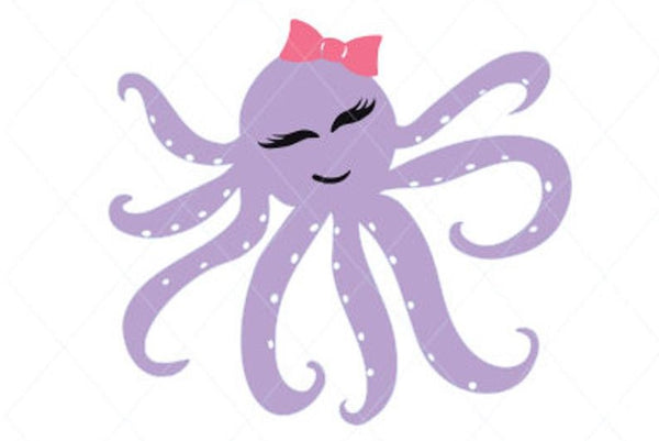 Purple Octopus Digital File Clipart Instant Download SVG DFX PNG Girlish Squid Illustration Nautical Under The Sea Pink Bow Design