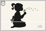 Hand Drawn Little Girl Blowing Clover Leaves SVG Cut File Clipart Silhouette